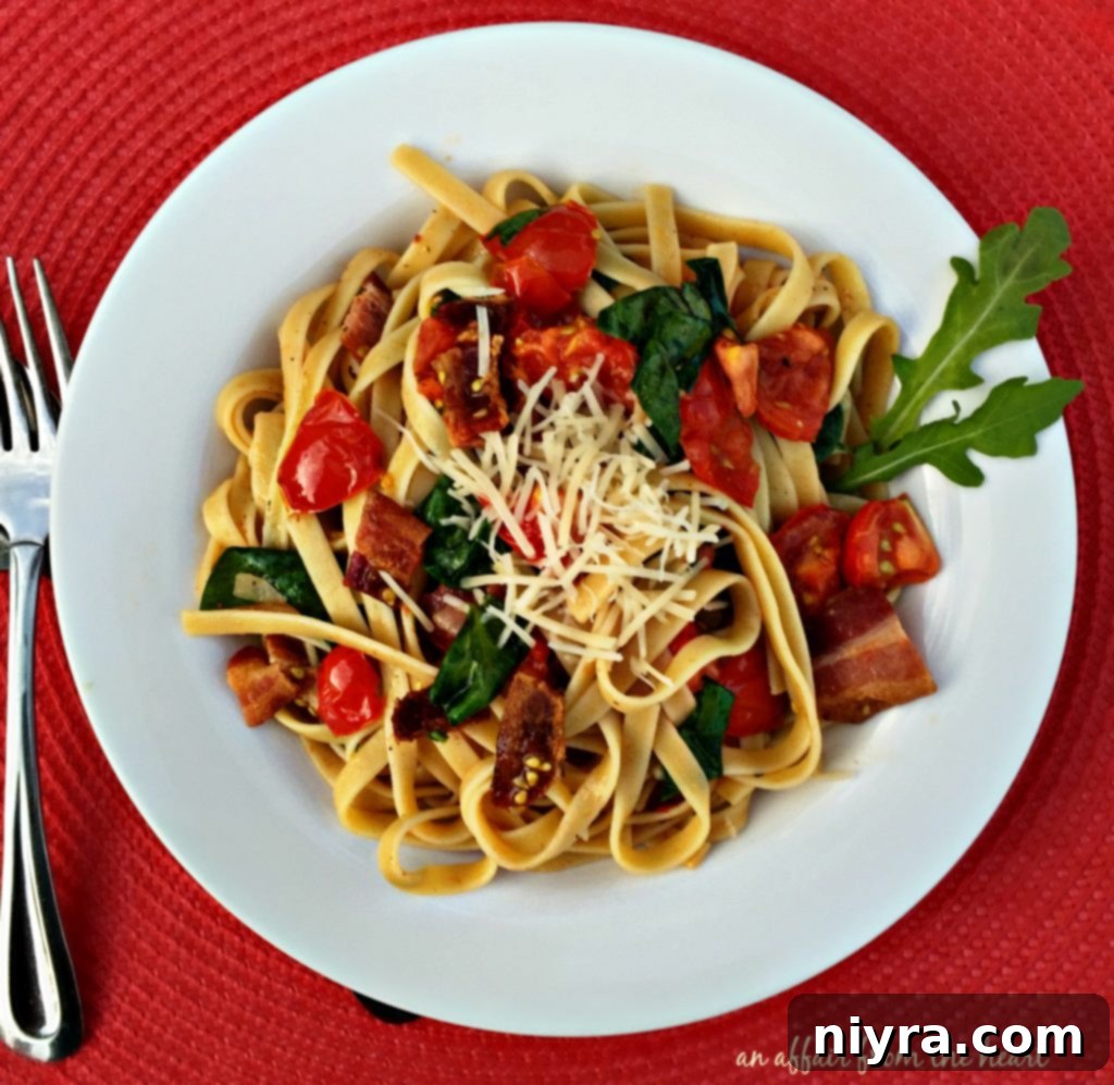 Overhead view of BLT Pasta in a bowl, showcasing ingredients