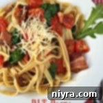 BLT Pasta in a white bowl, close up of the dish