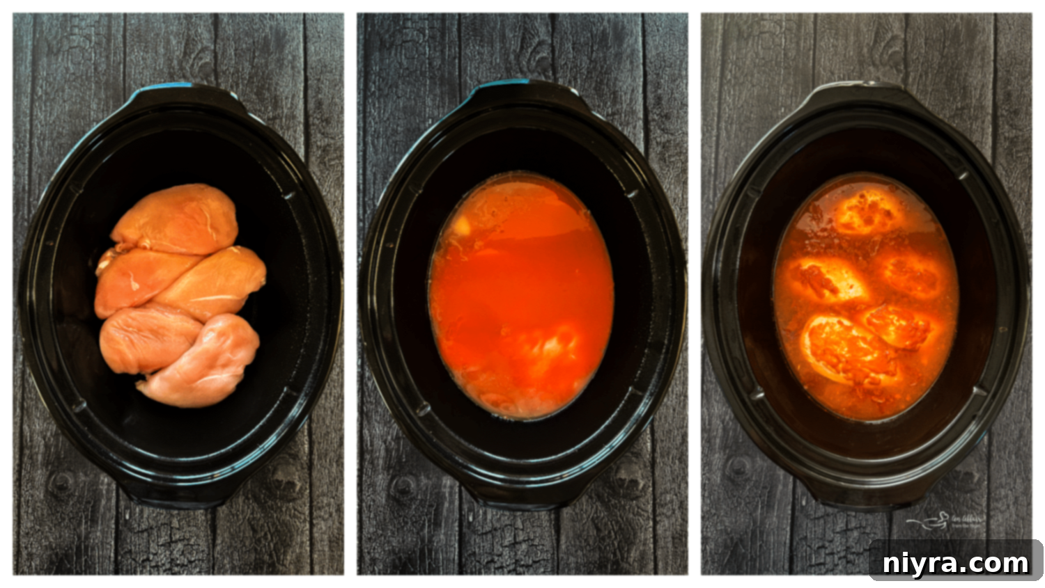 Crisp Buffalo Chicken Lettuce Wraps 7 Chicken breasts in a slow cooker with chicken stock and hot wing sauce poured over them