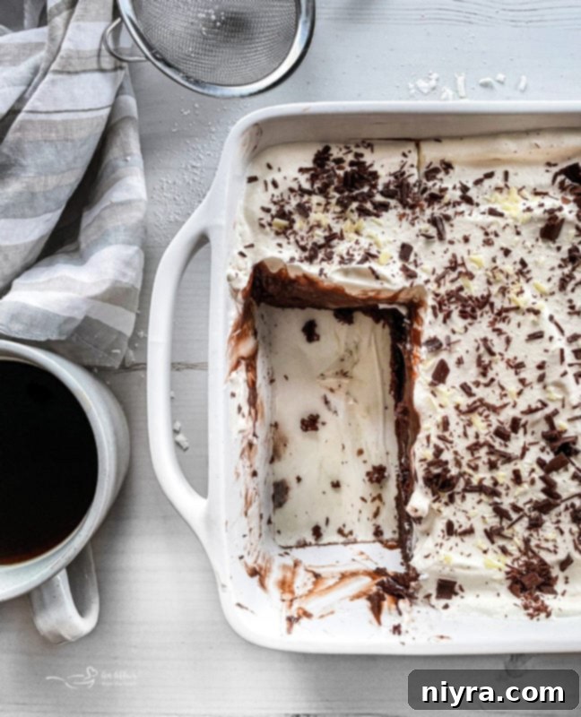 Chocolate Pudding Poke Cake being enjoyed, slice missing