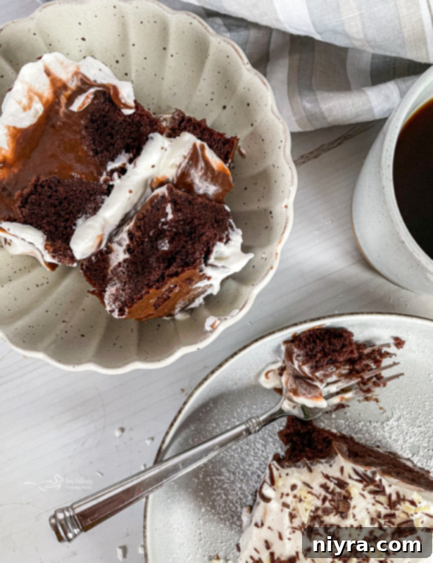 Chocolate Pudding Poke Cake with chocolate curls