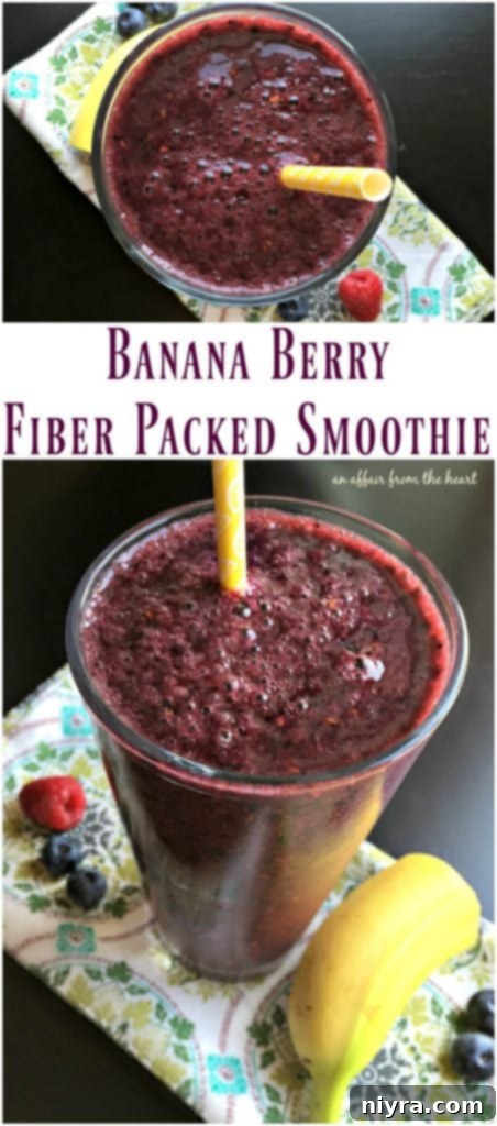 Pin this Banana Berry Fiber Packed Smoothie recipe for a healthy, high-fiber, low-calorie breakfast