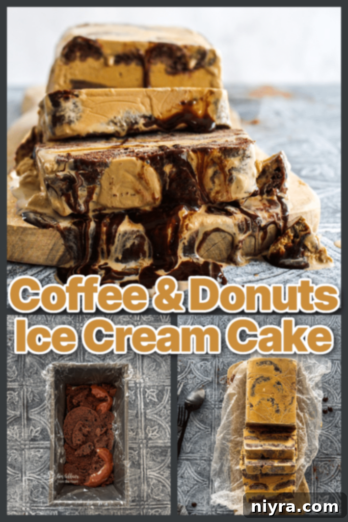 Coffee Donut Ice Cream Delight 11 Coffee & Donuts Ice Cream Cake garnished with whipped cream and chocolate