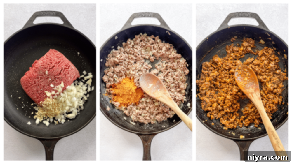 Recreate Taco Bell Mexican Pizza at Home 7 Ground beef mixture cooking in a skillet