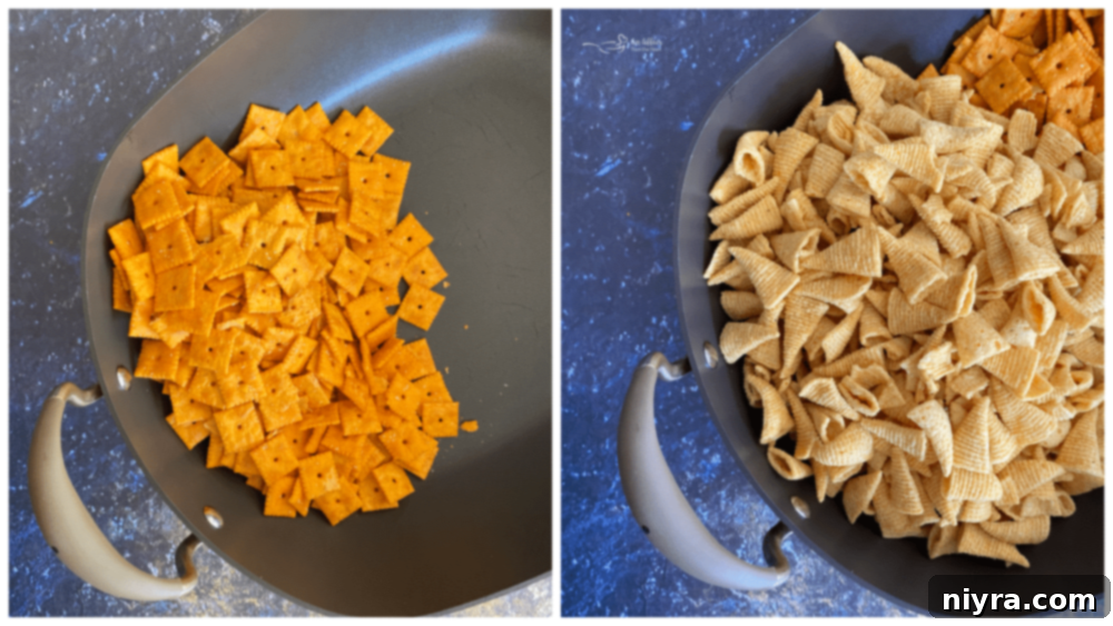 Touchdown Snack Mix Video 7 An empty large roasting pan, ready to hold the snack mix ingredients.