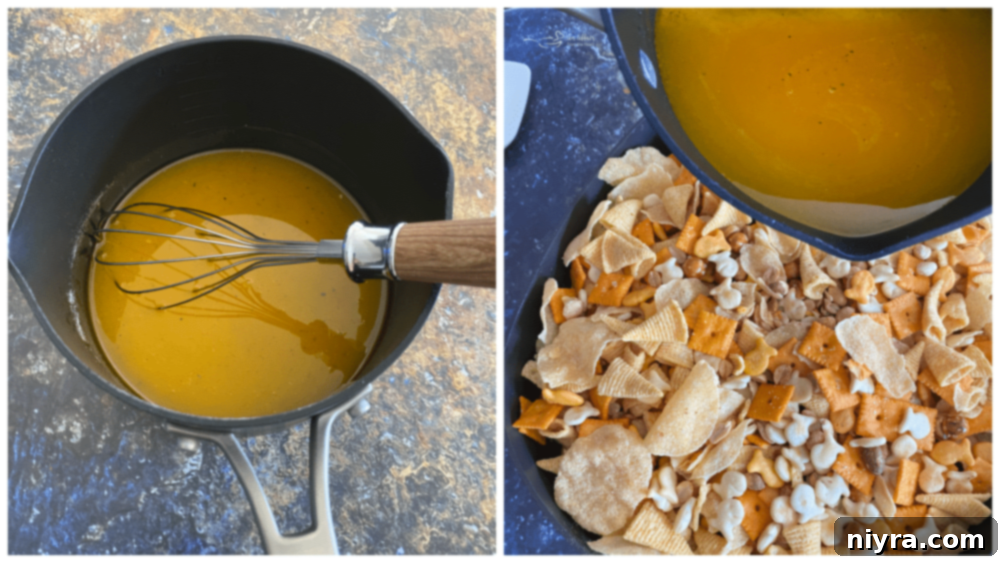 Touchdown Snack Mix Video 10 Popcorn oil and ranch seasoning mixture being poured over the dry snack ingredients in a pan.