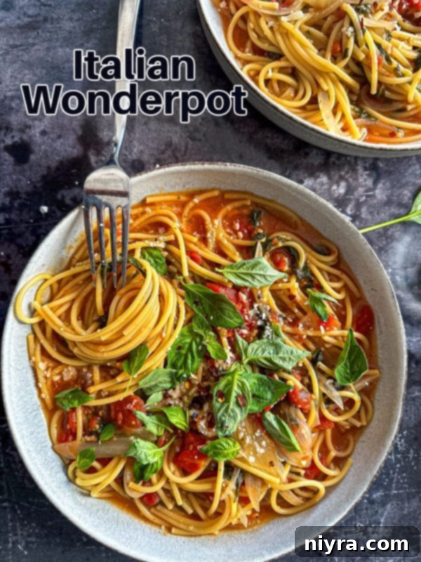 One-Pot Italian Magic 12 Italian Wonderpot Pasta dished into a serving bowl, ready to eat