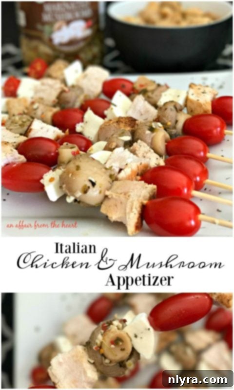 Close-up of Italian Chicken and Mushroom Skewers with fresh basil garnish, emphasizing the fresh, vibrant ingredients.