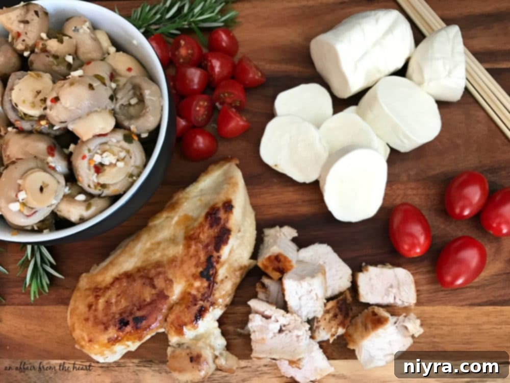 Step-by-step preparation of Italian Chicken and Mushroom Skewers, showing the ingredients laid out before assembly.