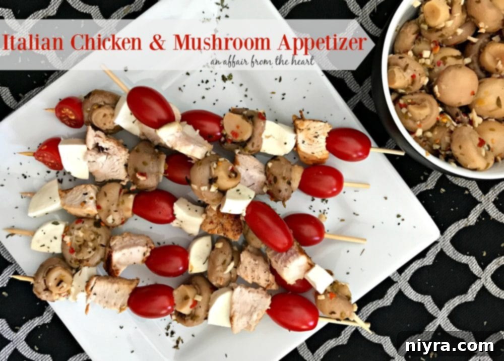 Final plated shot of Italian Chicken and Marinated Mushroom Appetizer Skewers, garnished with fresh basil leaves.