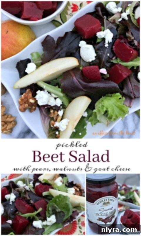 Beautifully presented pickled beet salad on a white serving platter, showcasing its fresh ingredients and inviting textures