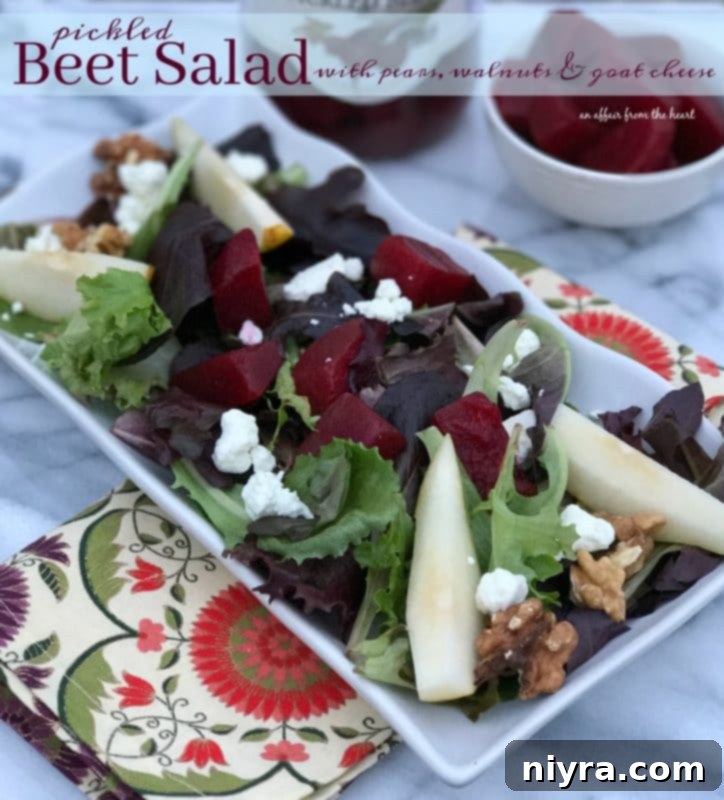 Top-down view of the finished Pickled Beet Salad with Pears, Walnuts & Goat Cheese, arranged invitingly on a white plate