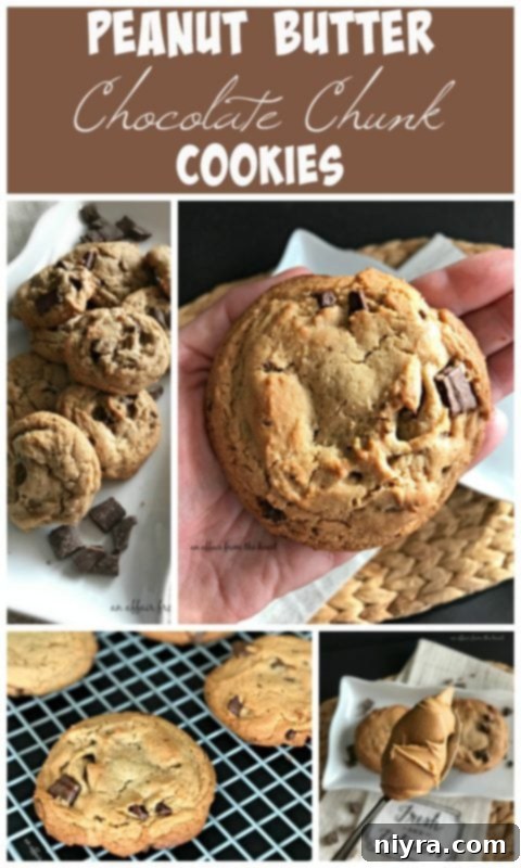 Decadent Peanut Butter Chocolate Chunk Cookies 4 Freshly baked Peanut Butter Chocolate Chunk Cookies on a cooling rack