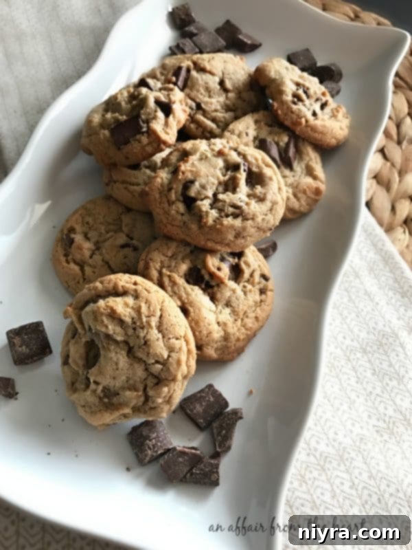 Decadent Peanut Butter Chocolate Chunk Cookies 9 Peanut Butter Chocolate Chunk Cookies on a plate, ready to be enjoyed