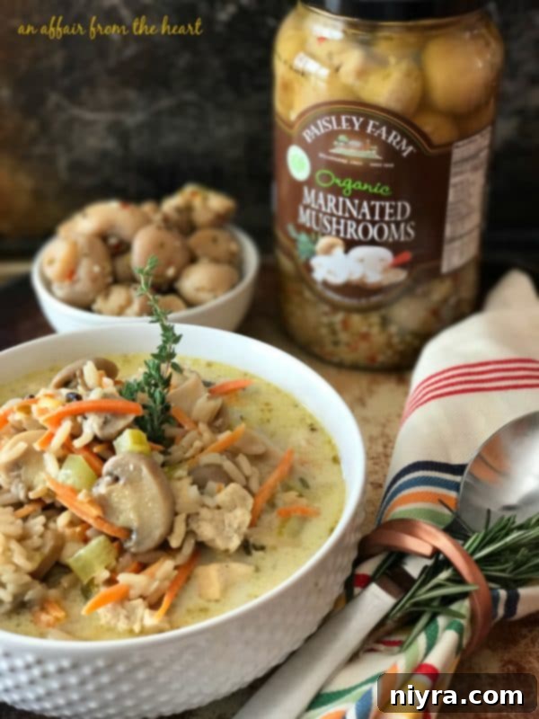 Hearty Chicken, Mushroom & Wild Rice Soup in a rustic bowl