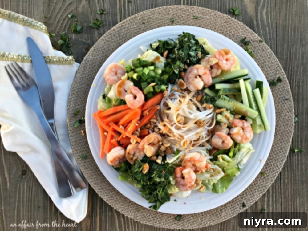 Delicious Thai Shrimp & Rice Noodle Salad arranged on a plate
