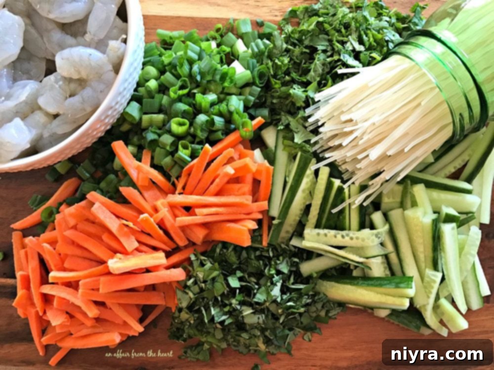 Colorful array of vegetables and shrimp for Thai Noodle Salad