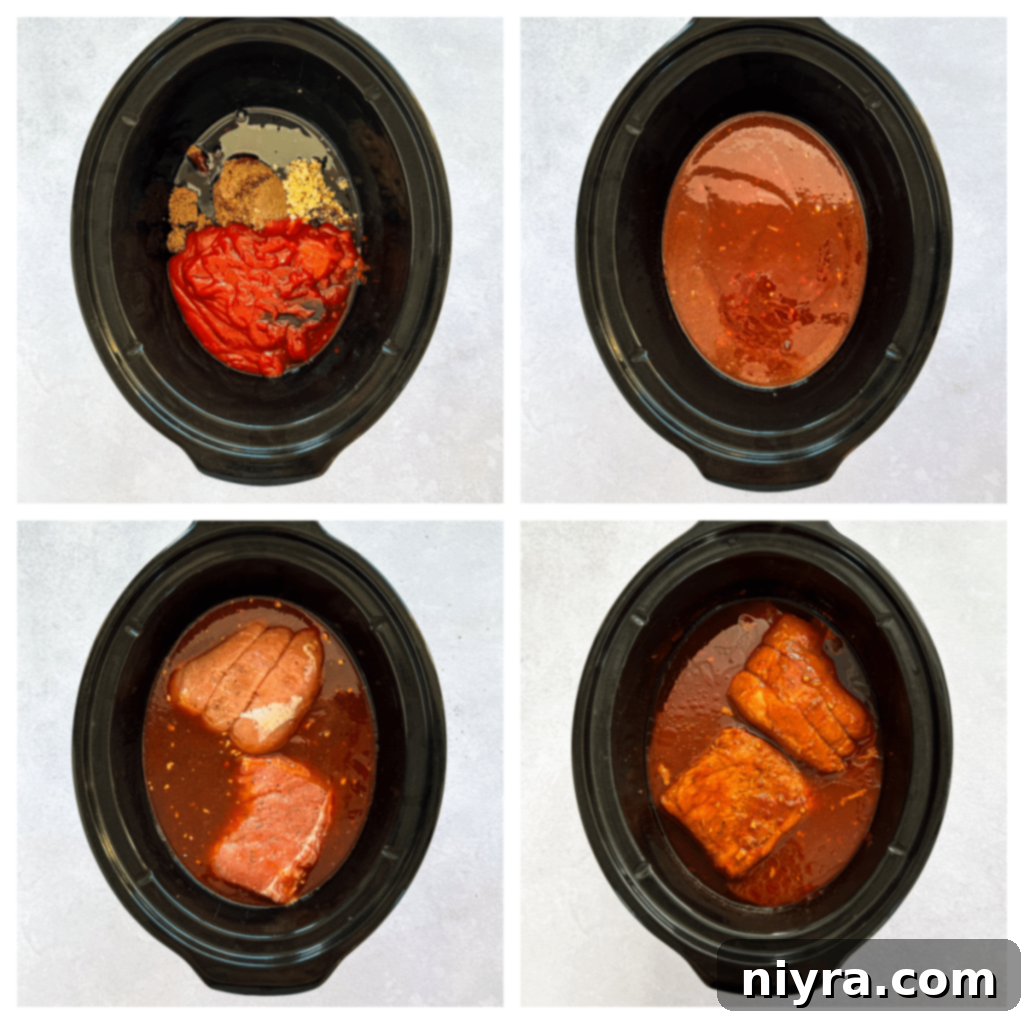 Step-by-step image showing ingredients being combined in a slow cooker.