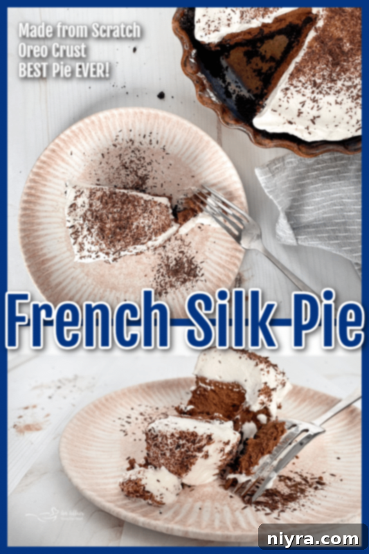 Two vertical images of French Silk Pie, styled for Pinterest with recipe information.