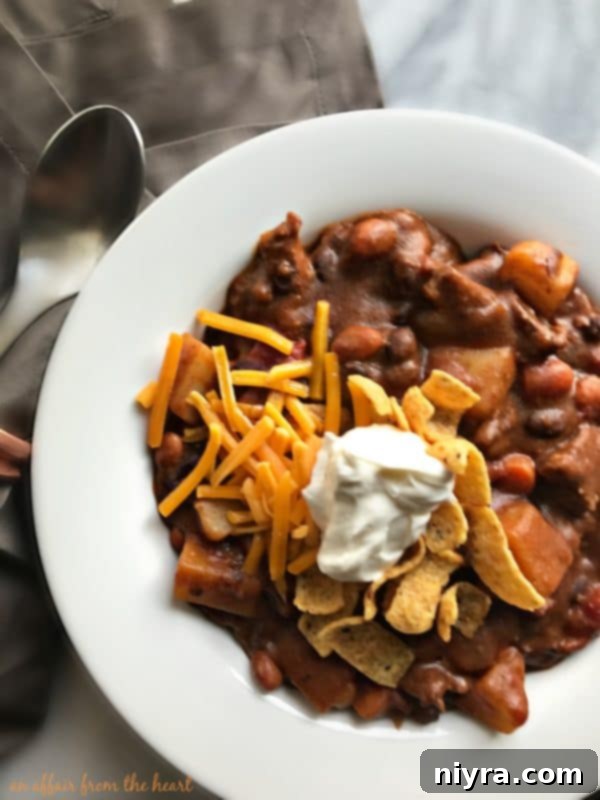 A close-up of the rich, thick consistency of the Taco Stew with visible beef, beans, and vegetables.
