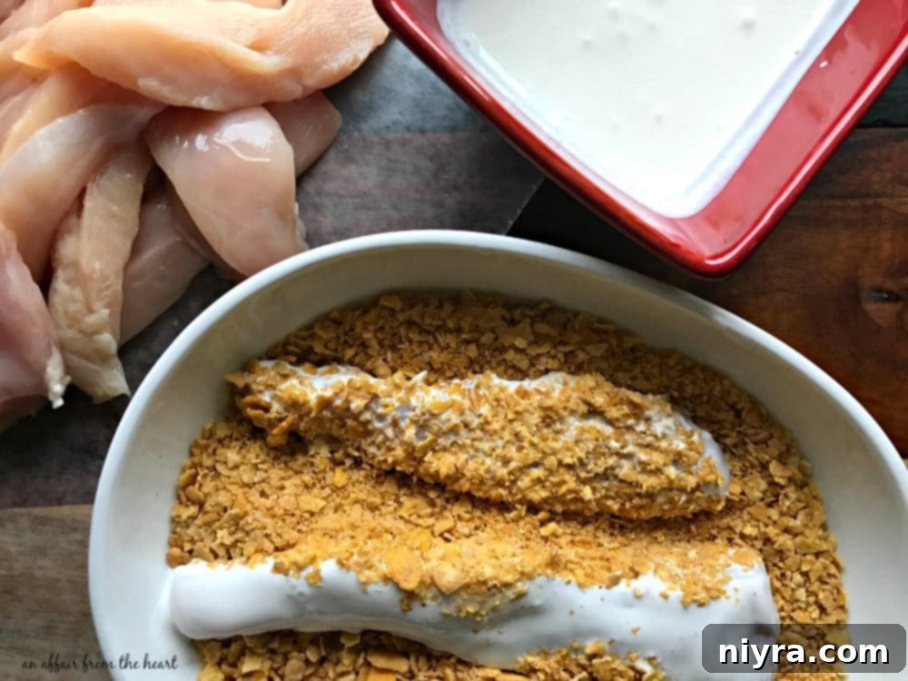 Close-up of chicken tender being dipped in buttermilk