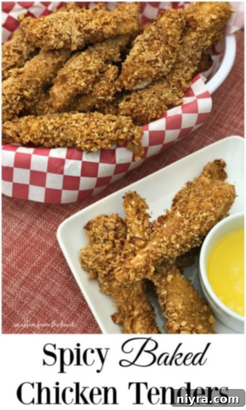 Close-up of baked chicken tenders with a golden, crispy coating