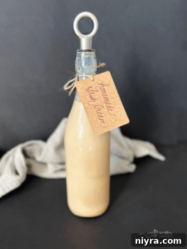 Velvet Irish Liqueur from Scratch 5 Freshly blended homemade Irish cream in a decorative bottle, ready for refrigeration and enjoyment.