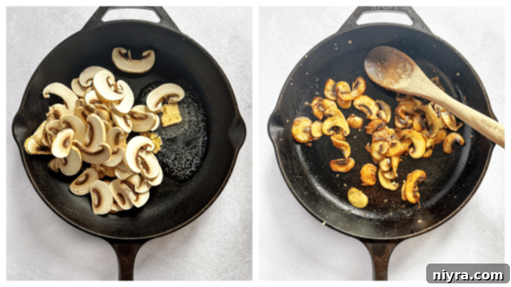 Step-by-step image of mushrooms cooking in a skillet.