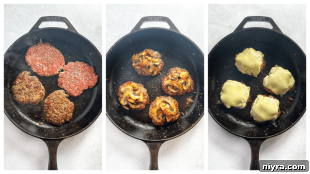 Step-by-step image of burgers cooking in a skillet.