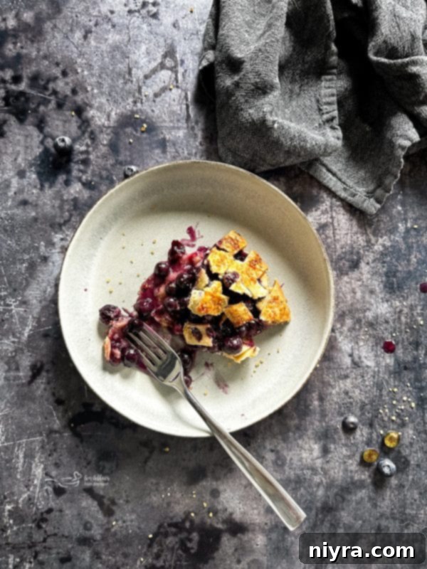 A slice of blueberry pie with a scoop of vanilla ice cream