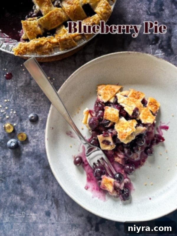 A beautifully sliced homemade blueberry pie with a scoop of ice cream