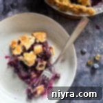 Close up of a slice of blueberry pie and a fork on a white plate