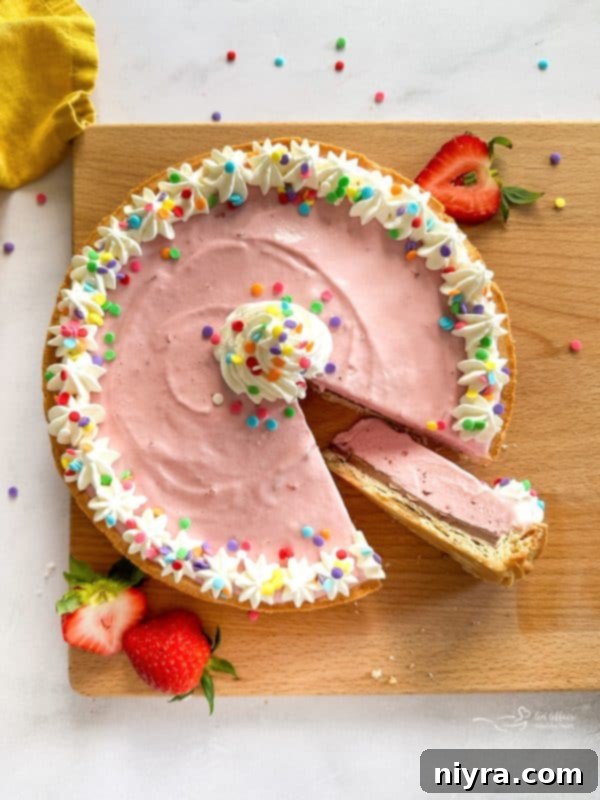 A delicious slice of Ice Cream Cookie Cake with vanilla and strawberry ice cream layers