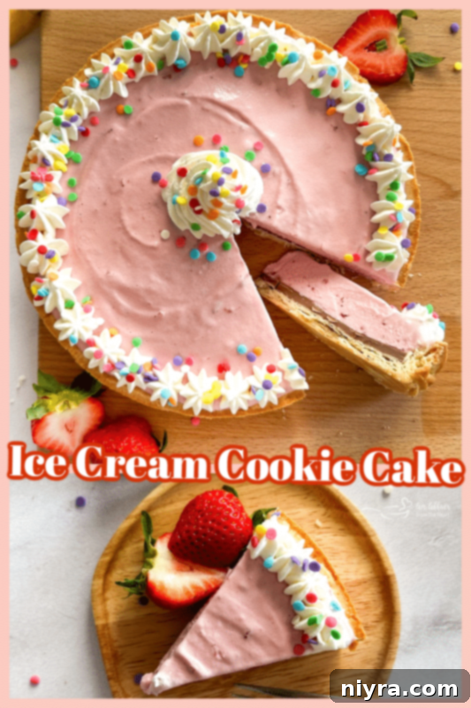 A beautifully decorated Ice Cream Cookie Cake, garnished with whipped cream, sprinkles, and fresh strawberries