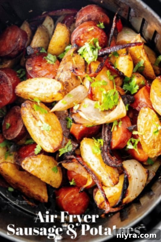 Main hero shot of the Air Fryer Sausage and Potatoes dish.