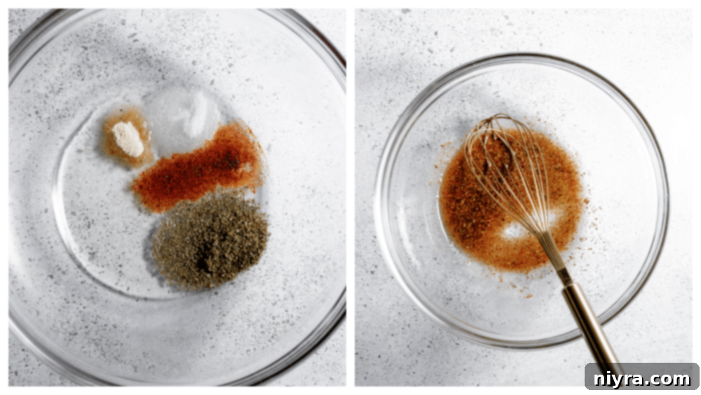 Step 1: Whisking olive oil and spices in a mixing bowl.