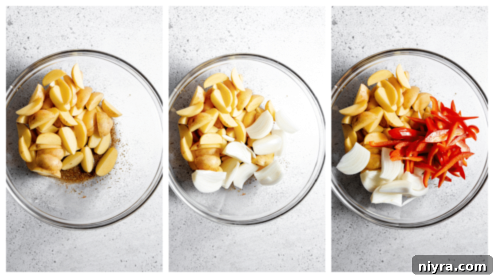 Step 2: Adding chopped potatoes, onions, and bell peppers to the mixing bowl.