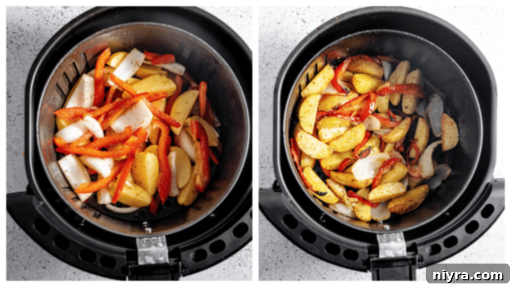 Step 4: Removing air fryer basket to add sausage.
