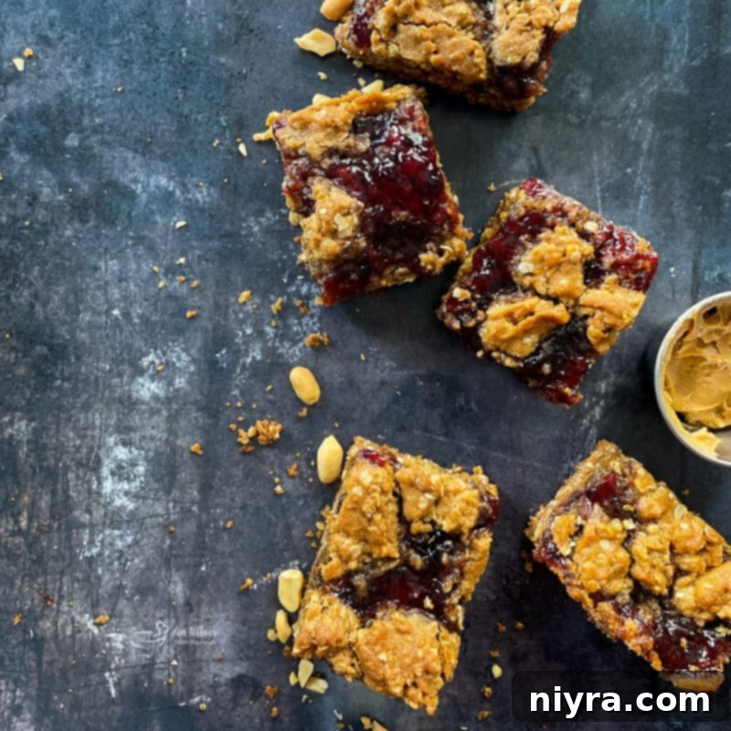 PB&J Oatmeal Cookie squares on blue background