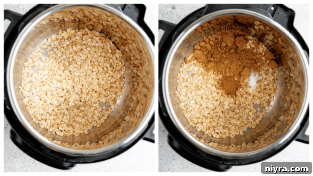 A graphic detailing the ingredients and cooking steps for Instant Pot Cinnamon Oatmeal.