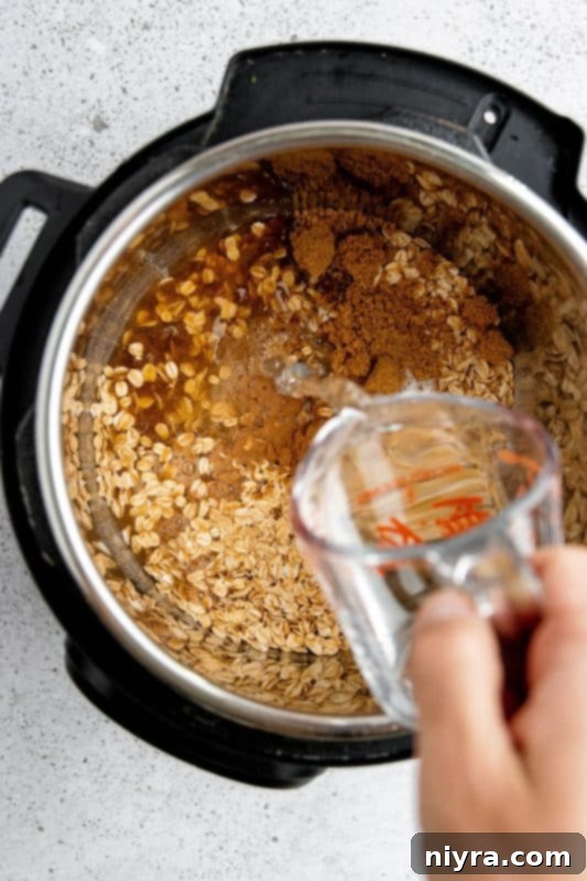 The Instant Pot filled with ingredients for oatmeal before cooking.