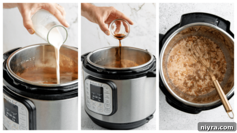 A visual guide showing the steps for cooking Instant Pot Cinnamon Oatmeal.