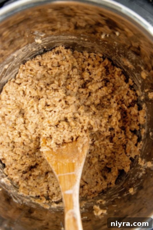 Instant Pot Cinnamon Oatmeal being stirred in the Instant Pot after cooking.