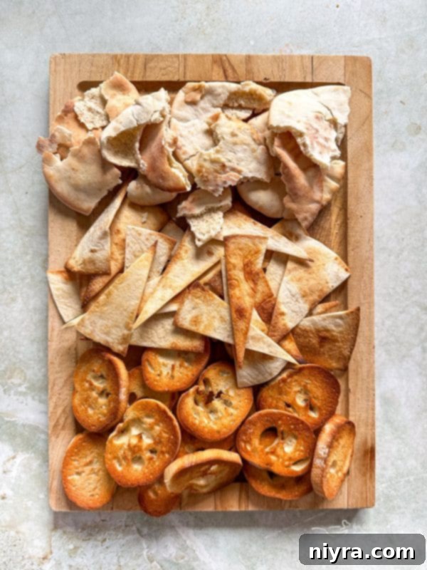 Fourth step: a bowl of Avocado Chicken Salad Dip is presented with various dippers like crackers, pita slices, and tortilla chips.