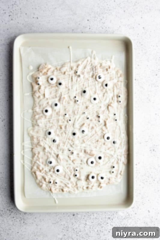 Step 8: Cooled mummy bark with edible eyes, ready for final drizzle.