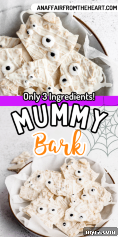 Halloween Mummy Bark pieces stacked in a bowl, ready to serve.