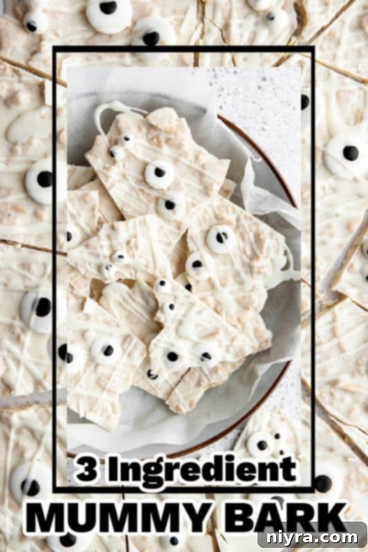 Variety of Halloween Mummy Bark pieces on a serving platter.