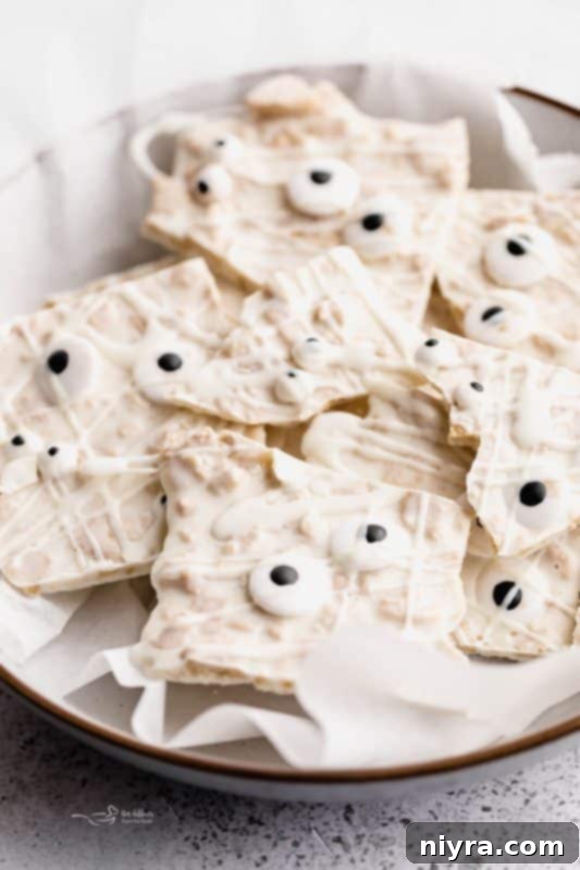 Overhead view of Halloween Mummy Bark on a white surface, showcasing the texture.