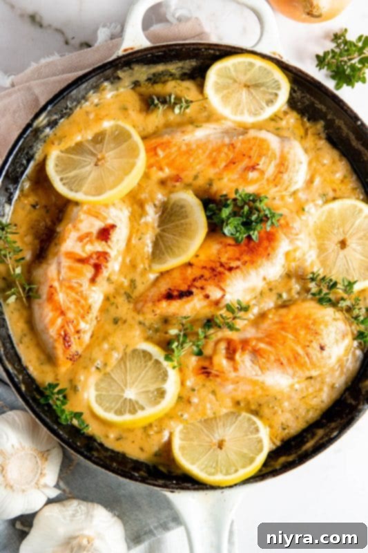 Close-up of golden brown lemon chicken breast with lemon slices.
