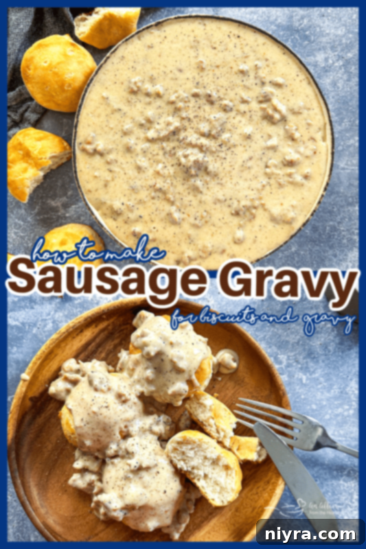 Homemade sausage gravy poured over biscuits on a brown plate, ready to be enjoyed.